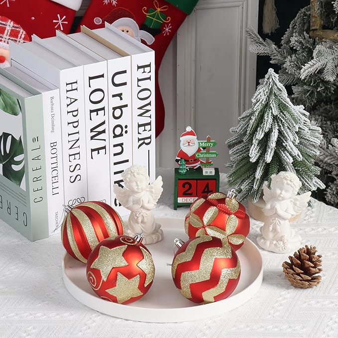 4 Inch Red Gold Christmas Ornaments, 12Pcs Large Shatterproof Christmas Bulbs Ornaments, Big Christmas Balls Hanging Decorations for Christmas Trees Holiday Parties Malls (Red & Gold)