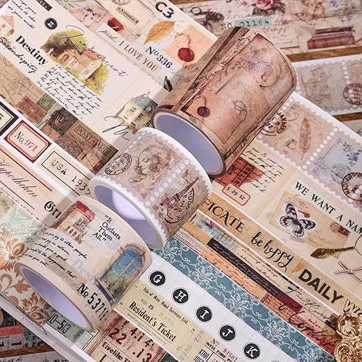 34 Rolls Vintage Washi Tape Set,Letter Map Stamp Stripe Literature Art Writable Aesthetic Washy Decorative Tapes for Scrapbooking, Junk Journal Supplies, Bullet Journaling 5-50mm Wide (3m Long)/Roll