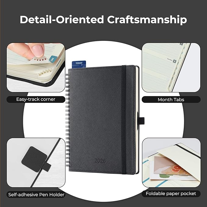 Planner 2026 Daily Weekly and Monthly,8.5"x6.5",12 Months Spiral Bound Calendar Agenda with Self-adhesive Pen Holder,2026 Appointment Book with Vegan Leather Soft Cover,Black
