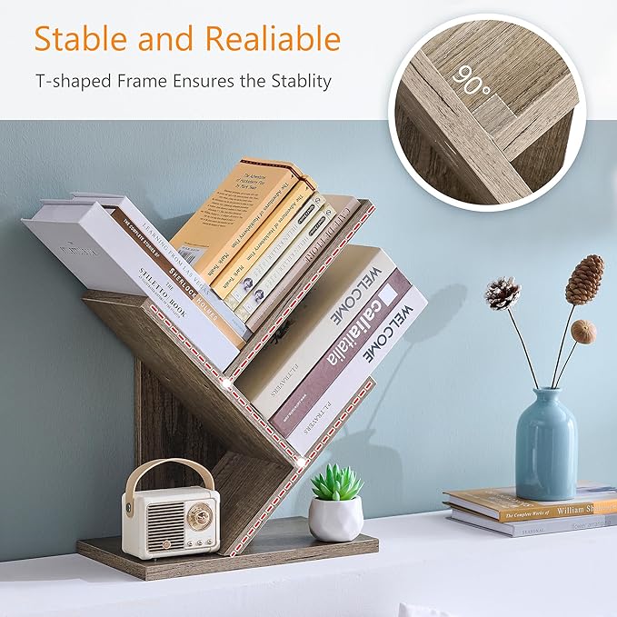 Tajsoon 3 Tier Tree Bookshelf, Small Bookshelf, Desktop Bookshelf Floor Standing Bookcase Display for CDs/Magazine/Books, Book Organizer Shelves for Bedroom, Living Room, Office, Greige