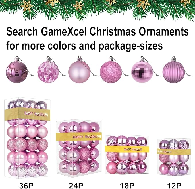 Bubblegun Pink Christmas Ornaments - Christmas Tree Decorations Shatterproof Hanging Balls for Birthday Wedding Holiday Decor Set of 36pcs, Multi-Sizes(1.6",2.5",3.2")
