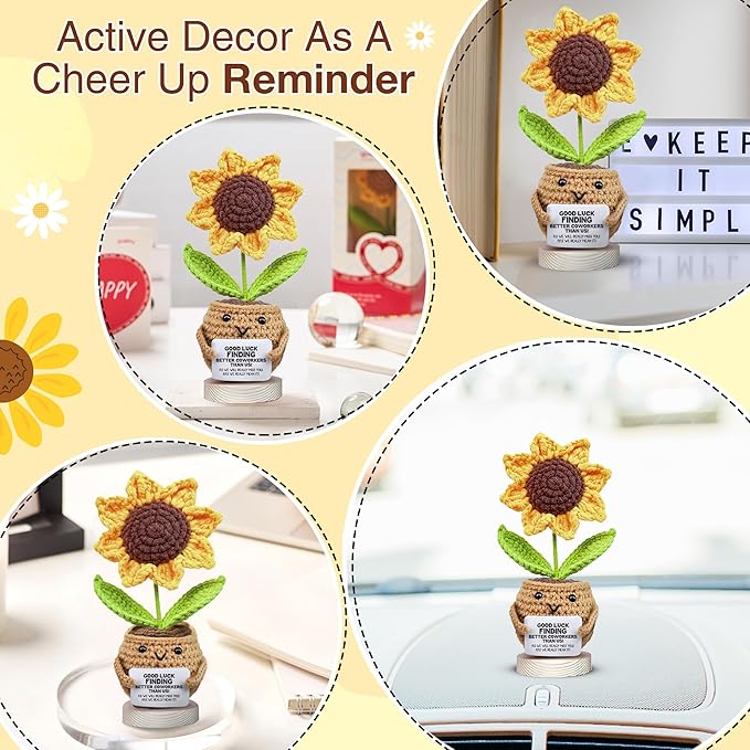 Gossby Handmade Positive Sunflower Doll Crochet with Card - Women Coworker Appreciation Gift - Retirement, Farewell, Goodbye, Leaving, Going Away Gift for Coworker - Good Luck Finding Better Coworkers