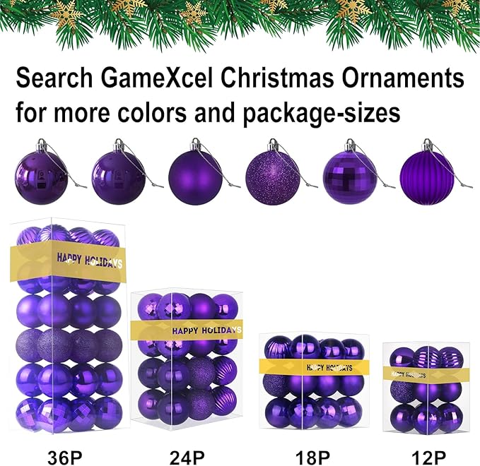 GameXcel 24Pcs Christmas Balls Ornaments for Xmas Tree - Shatterproof Christmas Tree Decorations Medium Hanging Ball Purple 2.5in x 24 Pack