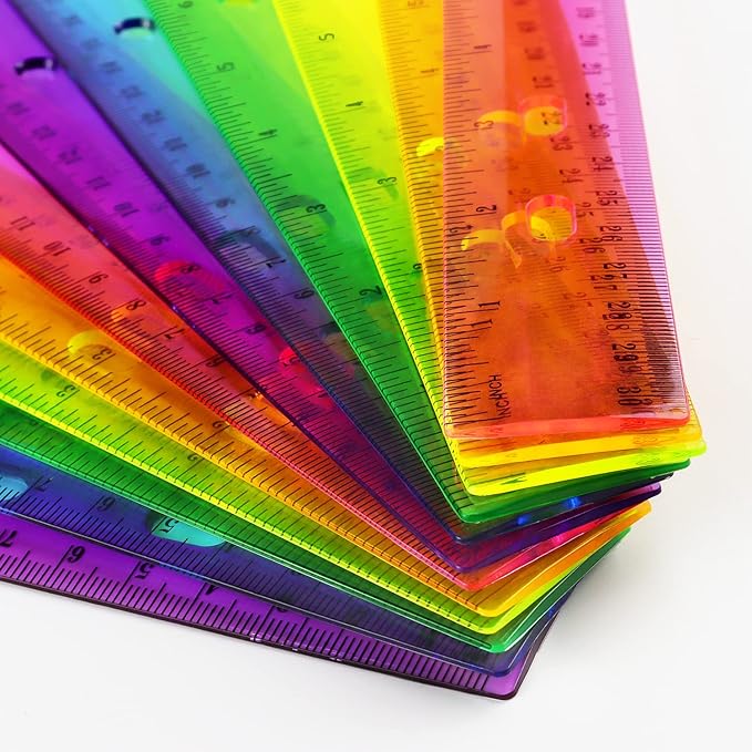 ZZTX 6 Pack Color Transparent Ruler Plastic Rulers 12 Inch, Metric Bulk Rulers with Inches and Centimeters, Kids Ruler for School, Home, Office