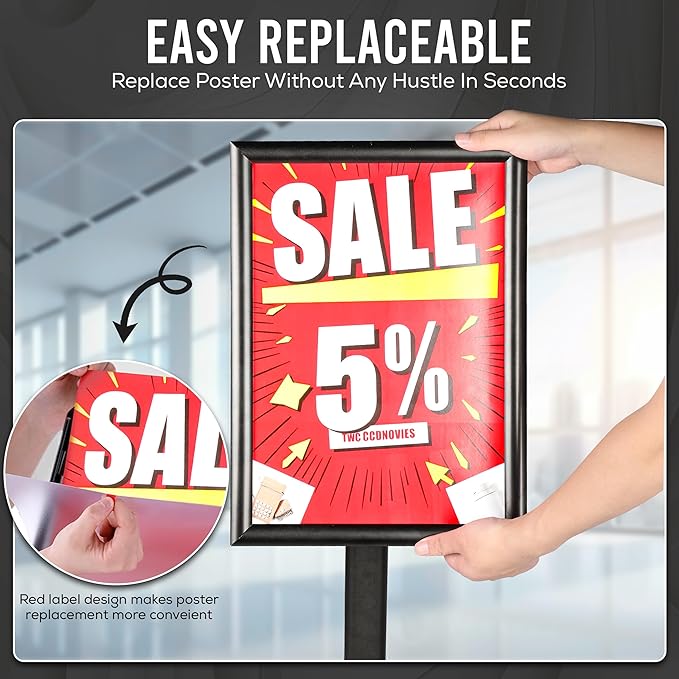 11x17 Standing Sign holder, 360° Adjustable Head and Tool Free Height Adjustment for Advertisement – Pedestal Stand Sign holder with Sturdy Safe Corners and Anti-Tip 4mm Thick Base