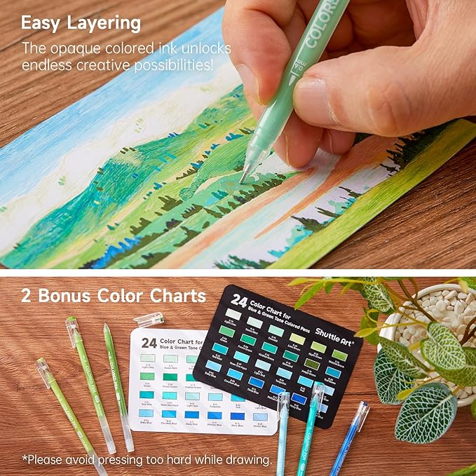 Shuttle Art Colored Pens, 24 Blue & Green Tone Colors Cute Journal Pens 0.6mm Fine Point Colored Gel Pens for Black Paper Adult Coloring Writing Drawing Journaling Note Taking School Office Home