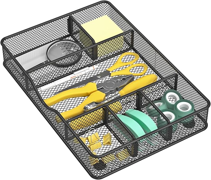 Desk Drawer Organizer Tray, Metal Mesh Drawer Organizer for Office & Home, 6 Adjustable Compartments, Black, 2 Pack - 12.87x8.73x1.96 inch
