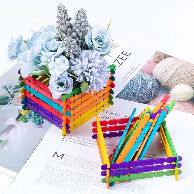 Colorful Wooden Craft Sticks, 200Pcs Popsicle Sticks for Crafts, Natural Jumbo Sawtooth Wooden Stick for DIY Craft, Kids Education Supplies