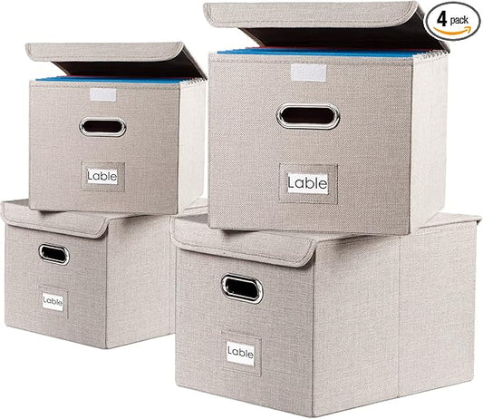 PRANDOM File Organizer Box - Set of 4 Collapsible Decorative Linen Filing Storage Hanging File Folders with Lids Office Cabinet Letter Size Light Grey (15x12.2x10.75 inch)