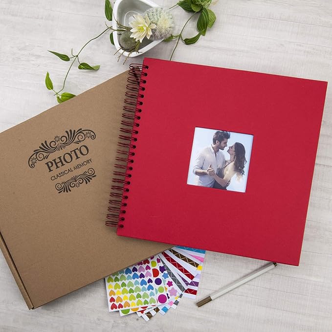 12 x 12 Inch Large DIY Scrapbook Photo Album with Window Design Cover 80 Pages Craft Paper Memory Book for Weeding Anniversary Travel and Baby (Red)
