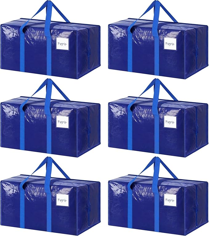 6 Pack Extra Heavy Duty Large Moving Bags with Strong Zipper & Comfortable Handles, Sturdy & Durable Clothes Storage Bags Totes Bins, Packing Moving Boxes for College Supplies, Blue