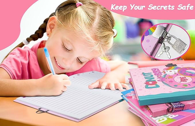 Girls Diary with Lock for Kids, 7x5.25 Inches 160 Lined Pages Secret Pink Doughnut Notebook for Girls Journal with Lock for Kids Pre School Writing Drawing Cute Girls Gifts for Birthday