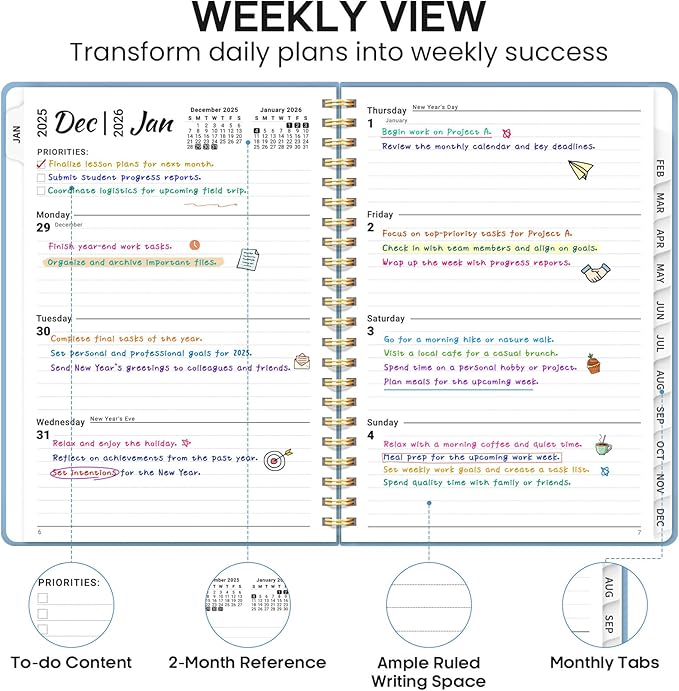 2026 Planner 8.5" x 11", Weekly and Monthly Calendar Planner Book, January 2026 - December 2026, Hardcover Spiral Planner with Monthly Tabs, Notes Pages, Perfect for Women & Men, A4 - Blue