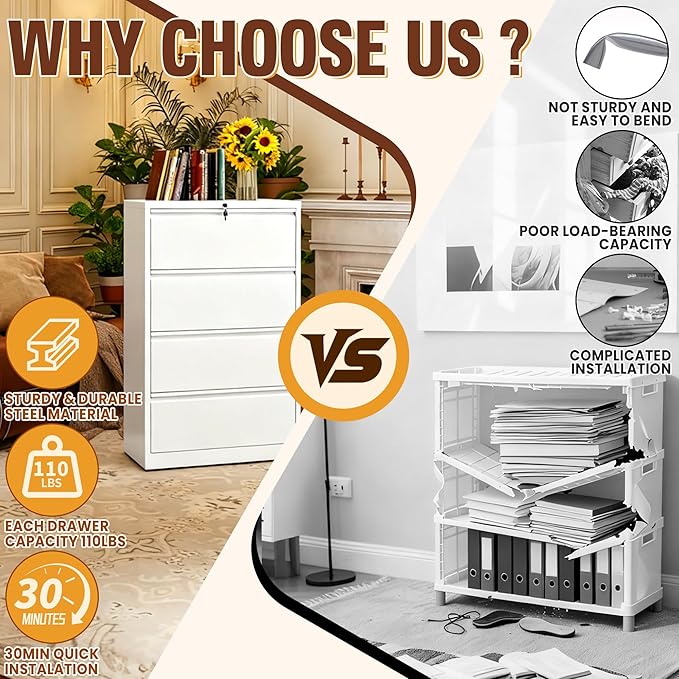 4-Drawer Lateral File Cabinet with Lock, Black Metal Filing Cabinet for Office or Home – Secure Storage for Letter/Legal/A4/F4 Documents, Easy to Assemble Locking File Organizer (White, 4 Drawer-52"H)