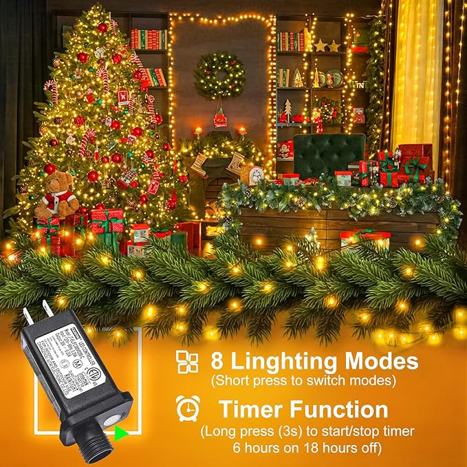 100FT 300 LED Christmas Lights Outdoor, Warm White Christmas Tree Lights with 8 Modes Waterproof, Connectable Green Wire String Lights Indoor for Patio Garden Xmas Party Decorations