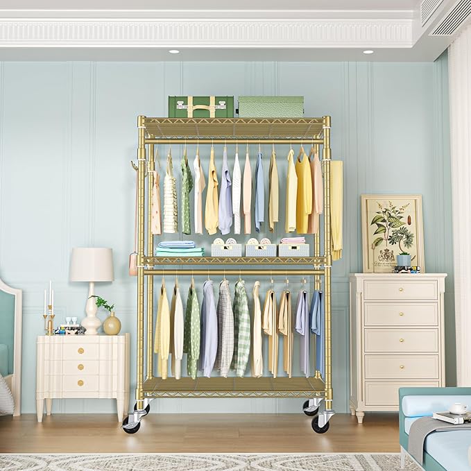 P1 Rolling Clothes Rack, Movable Metal Garment Closet Organizer with Lockable Wheels, Clothing Wardrobe with Double Hanger Rods and Hooks, 35.4" W x 15.7" D x 80.5" H, Load 450lbs, Gold