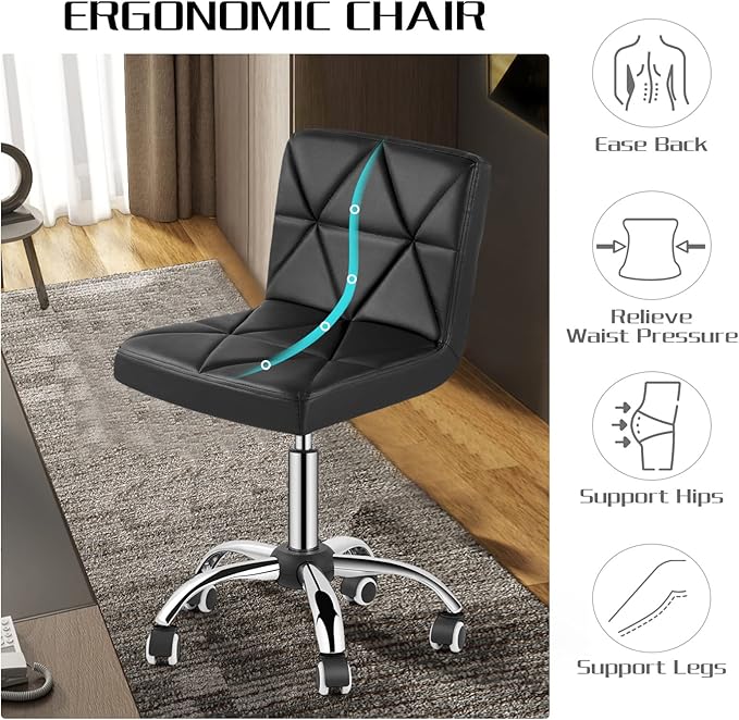 COSVALVE Armless Desk Chair, Mid Back 360 Degree Swivel Office Chair, Height Adjustable Executive Conference Task Chair with Rolling Wheels and Diamond Pattern, for Home Computer Barber, Black