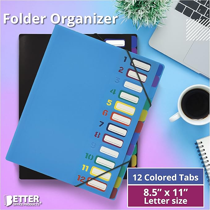 Better Office Products 24 Clear Pocket Expanding File Folder with 12 Colored Tabs, Letter Size, Holds 300 Sheets, Project File Organizer, Numbered Index on Cover,(2 Pack Black & Blue)