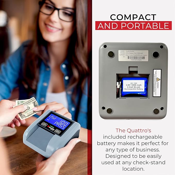 Cassida Quattro Fast Automatic Currency Counterfeit Detector with Advanced Sensors (UV,MG,IR,MT,Thickness,Size) - All-Orientation Feeding - Rechargeable Battery - 3.5" Value & Pass/Fail Display