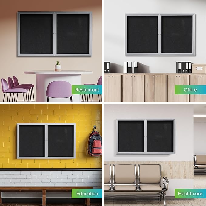 Ghent 36" x 48" 2-Door indoor Enclosed Recycled Rubber Bulletin Board, Shatter Resistant, with Lock, Satin Aluminum Frame,Black (PA234TR-BK) ,Made in the USA