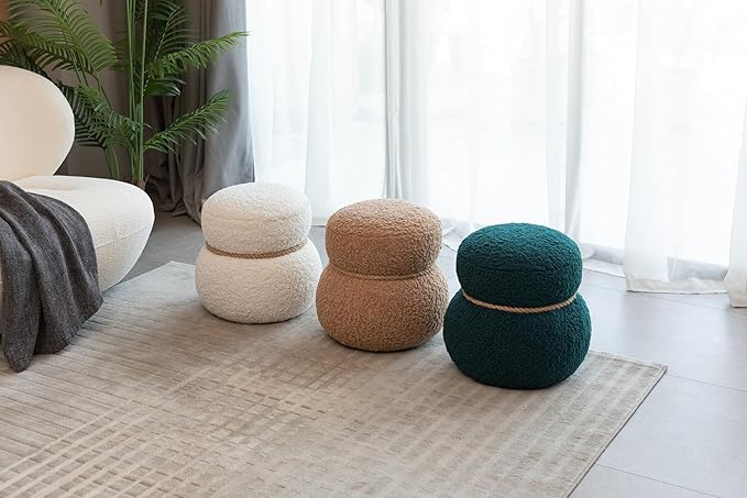 MEETAKING Small Round Foot Stool, Teddy Fabric Footrest Ottoman Stool with Non-Skid Legs, Modern Footstools Step for Couch, Desk, Office, Living Room (Beige)