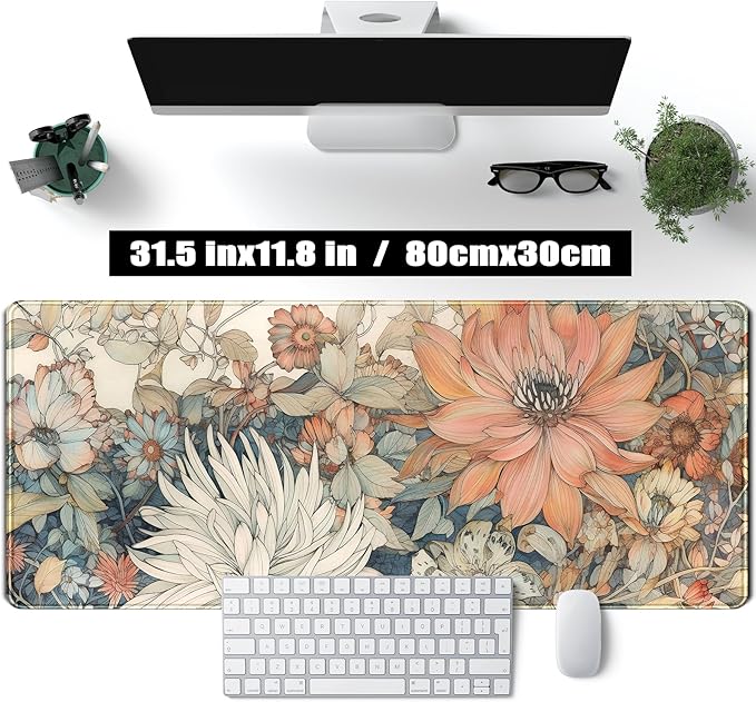 Japanese Minimalist Floral Desk Mat Aesthetic Flowers XL Large Extended Gaming Mouse Pad with Stitched Edges, Big Laptop Computer Keyboard and Mouse Mat for Girl Women Office Decor 31.5x11.8 in