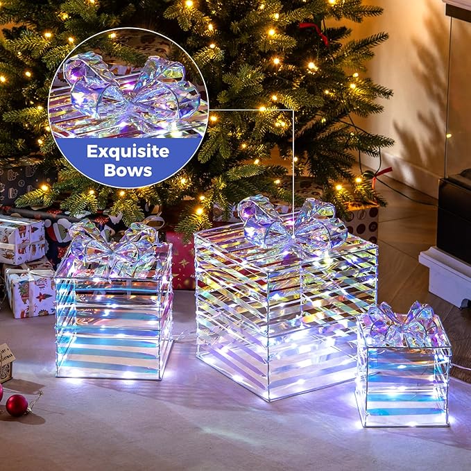Tangkula Set of 3 Christmas Lighted Gift Boxes, Pre-lit 90 LED Light Up Present Box Decorations with Bows and Plug, Indoor Outdoor Xmas Boxes for Christmas Tree, Holiday Party Decorations