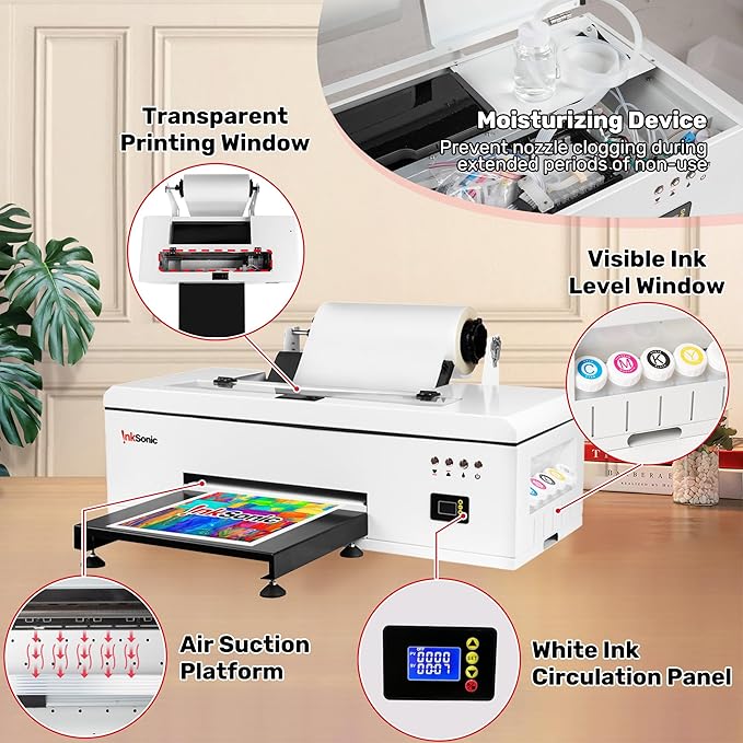 InkSonic R1390 DTF Printer Machine, A3 T shirt printing Machine With Laptop, 13" Format DTF Printer Bundles, Direct to Film Heat Transfer, T-Shirt Maker for Clothes Design, White Ink Circulation