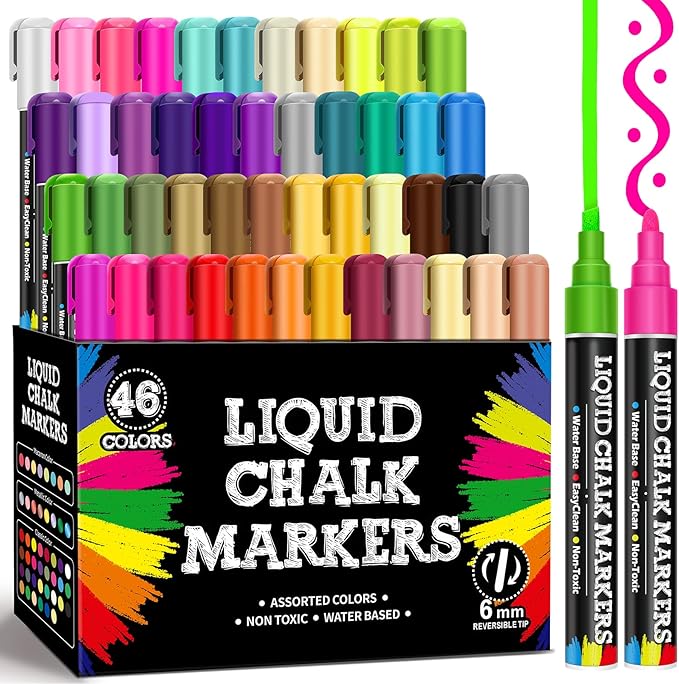 BainGesk 46 Colors Liquid Chalk Markers, Dust-Free Erasable Pens for Blackboards, Chalk Markers for Chalkboard, Windows, Glass, Mirror, Acrylic Dry Erase Board, 6mm Reversible Bullet & Chisel Tip