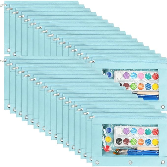 Marspark 30 Packs Pencil Pouch 3 Ring Binder Pen Pouch Cloth Pencil Pouches Zipper Pen Case Bag with Clear Window for School Office Writing Supplies Gifts(Sky Blue)