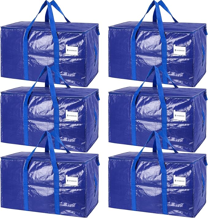 KYODOLED 6 Pack Extra Heavy Duty Blue Moving Bags - Large Move in & Packing Bags for College Students, Sturdy Storage Totes with Strong Zipper & Comfortable Handles for Clothes Storage