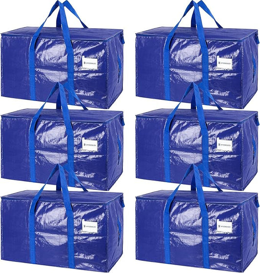 KYODOLED 6 Pack Extra Heavy Duty Blue Moving Bags - Large Move in & Packing Bags for College Students, Sturdy Storage Totes with Strong Zipper & Comfortable Handles for Clothes Storage