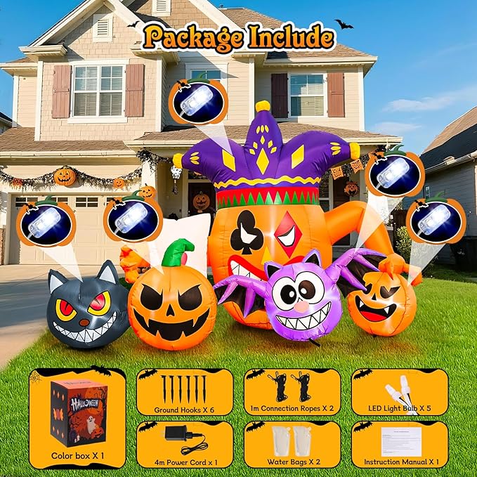 5FT Halloween Inflatable Decorations, Halloween Blow Up Indoor Outdoor Inflatable Pumpkin, Clown, Cat & Bat with LED Lights, Outdoor Halloween Decor for Yard Garden Lawn Holiday Party