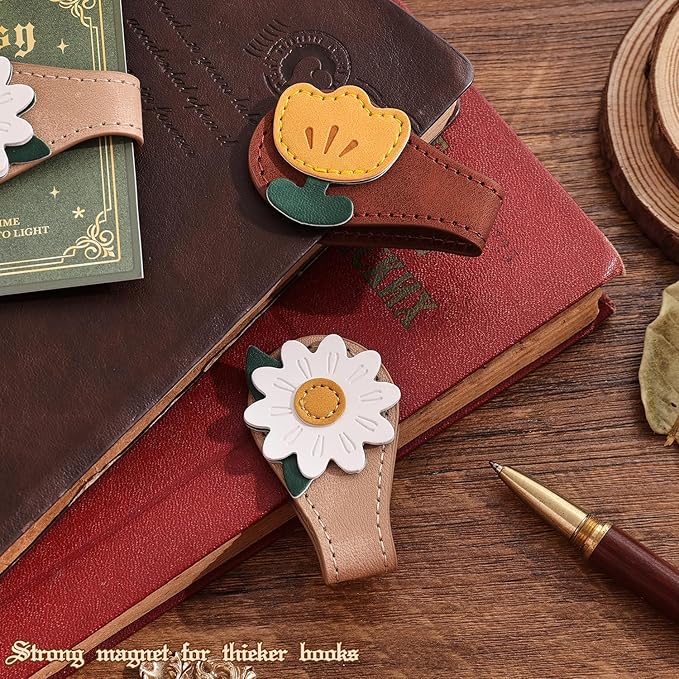 2PCS Vintage Magnetic Leather Bookmark, Leather Magnetic Bookmarks for Women, Magnetic PU Bookmarks Clip Book Accessories, Daisy & Tulip