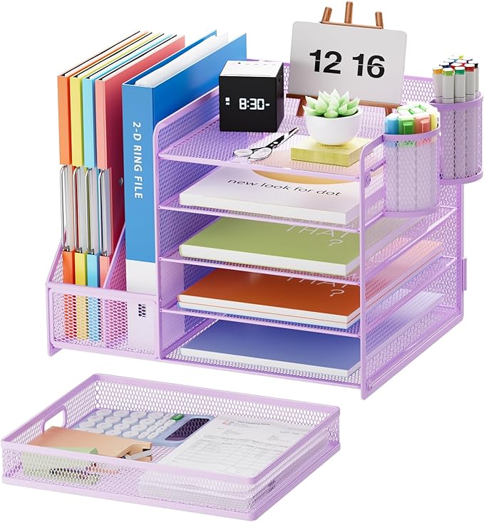 Marbrasse Desk Organizer with File Holder, 5-Tier Paper Letter Tray Organizer with Drawer and 2 Pen Holder, Mesh Desktop Organizer and Storage with Magazine Holder for Office Supplies(Purple)