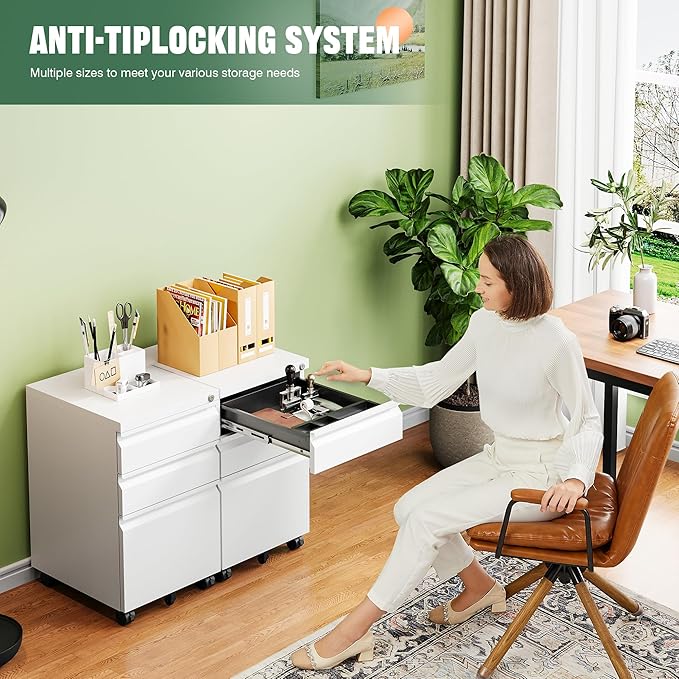 Letaya 3 Drawer Mobile File Cabinet with Lock, Under Desk Metal Filing Cabinets for Home Office Organizer Letters/Legal/A4(Fully Assembled-White)