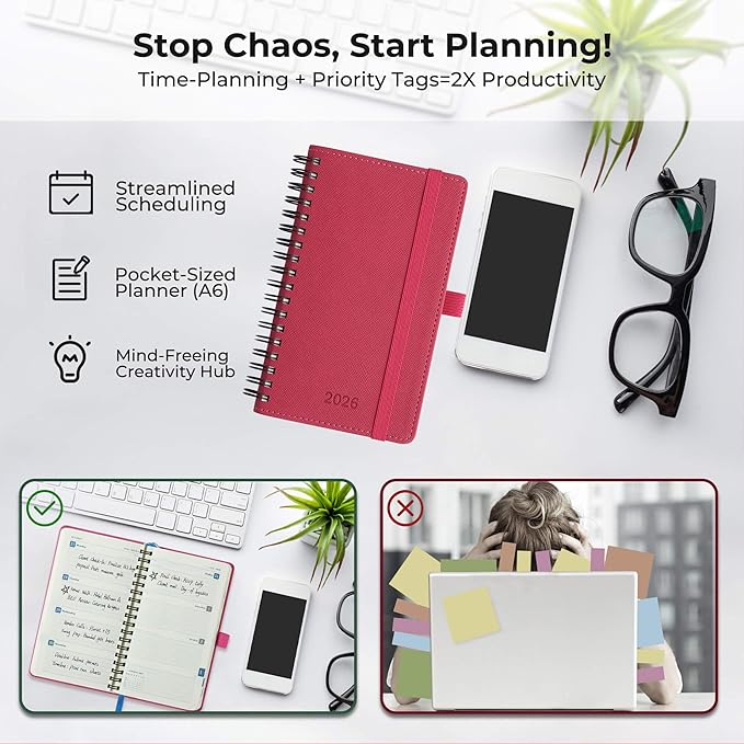 Planner 2026 Daily Weekly and Monthly,6.5"x3.75",12 Months Spiral Bound Calendar Agenda with Self-adhesive Pen Holder,2026 Appointment Book with Vegan Leather Soft Cover,Rose Red