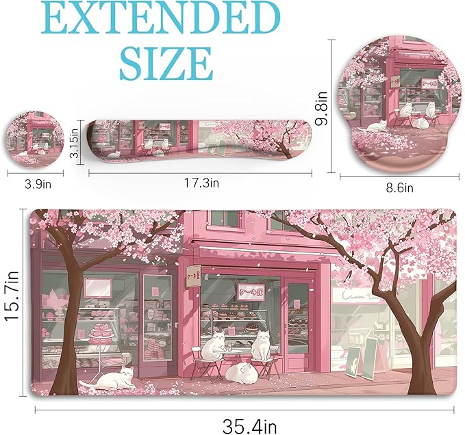 Anime Cat Mouse Pad Set, XXL Gaming Mouse Pad with Wrist Rest, Keyboard Mat, Cat Coaster, Cute Office Desk Decor Accessories, Pink Lycra