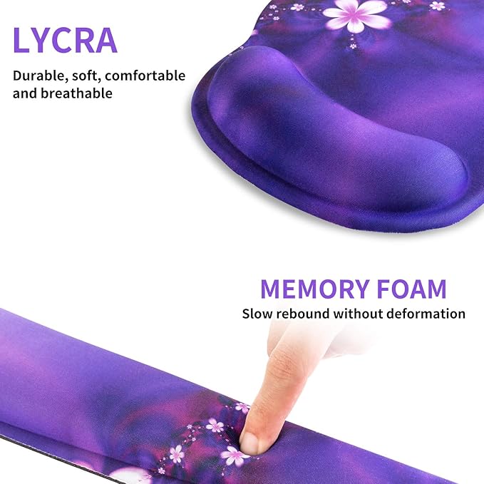 Ergonomic Keyboard Mouse Pad Wrist Rest Support Set for Laptop/Computer/Desktop,Memory Foam Hand Rest Wrist Cushion for Gaming/Office,Lightweight Comfortable & Pain Relief (Purple, Flower)