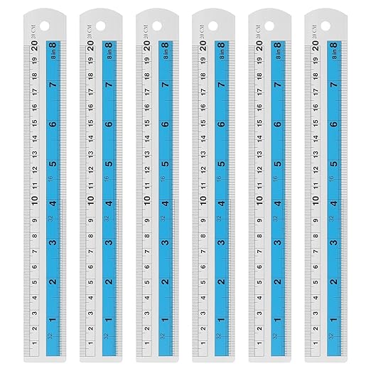 HARFINGTON 6pcs Metal Straight Ruler 20cm Metric SAE Aluminum Alloy Measuring Rulers Scale Tools with Hole for Measure Study Reading Classroom Office, Blue