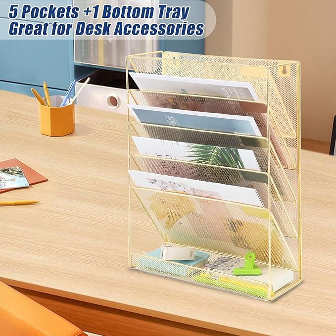 EASEPRES Desk File Organizer Mesh 6-Tier, Hanging Wall Mount Document Organization Stand, Desktop Vertical Mail Paper Folder Holder Rack with Bottom Tray for Office Home Cubicle Countertop, Gold