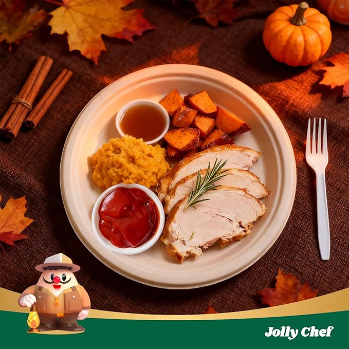 JOLLY CHEF Compostable Heavy Duty Plates 𝟭𝟬 𝗜𝗻𝗰𝗵 [𝟭𝟮𝟱 𝗣𝗮𝗰𝗸] Eco-Friendly Disposable Paper Plates Made of Bagasse Biodegradable Bulk for Party Dinner Sugarcane Thanksgiving Day (Natural)