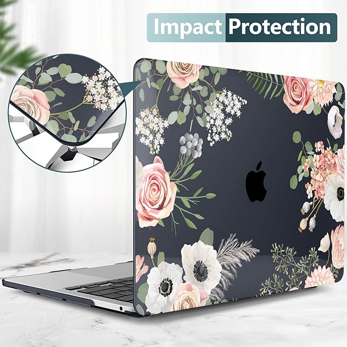 TWOLSKOO Compatible with MacBook Pro 13 inch Case 2023-2016 A2338 M2/M1 A2251 A2289 A2159 A1989 A1706, Plastic Hard Shell Cover & Keyboard Skin & Screen Protector, Rose Flower