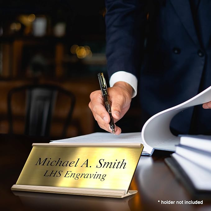 Engraved Name Plates for Desk and Door Signs Personalized Brushed Brass Plastic Nameplate with Black Letters - Made in USA 2x8 M6