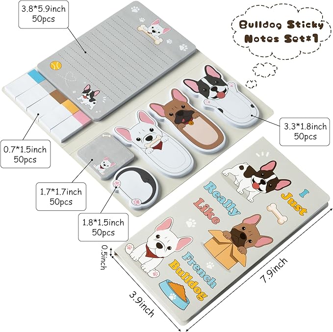 Xqumoi I Just Really Like French Bulldog Sticky Notes Set, 550 Sheets, Cartoon Bulldog Self-Stick Notes Pads Animal Divider Tabs Bundle Writing Memo Pads Page Marker Back to School Office Supplies