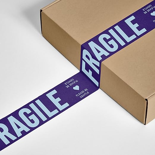 Fragile Packing Tape, Please Be Gentle, Purple Violet Blue Cute Designer Packaging and Shipping Tape for Small Business - Printed Tape for Moving, 1.88" x 110 Yards (330 feet)
