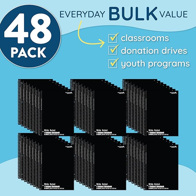 Blue Summit Black Wide Ruled Spiral Notebooks Bulk, 1 Subject Spiral Notebook Wide Ruled, Paper School Bulk Notebooks, 48 Pack