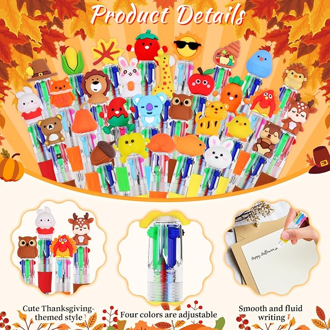 CZWZ 30Pcs Mini Multicolor Pens in One 4-in-1 Cute Pens Bulk for Kids, Ballpoint Pen for Birthdays and Children's Parties, Fun Gifts Assorted Ink Kawaii Pen(Thanksgiving)
