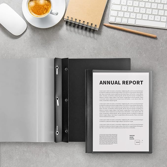 Binditek 100 Pack Clear Front Report Covers with 3 Prongs, 100-Sheet Capacity, Heavy-Duty Plastic Report Folder with Black Back Covers, 3 Metal Prongs Fasteners, for Letter Size, Office Supplies