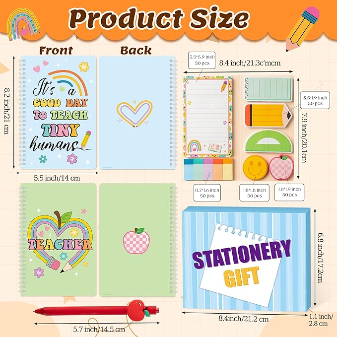 B1ykin Stationery Gift Set - 3Pcs Notebook Sticky Notes, A5 Spiral Notebooks & 550 Sheets Cute Sticky Notes with Pens Kit for Office School Teacher Thanksgiving Supplies (Restro Teacher)